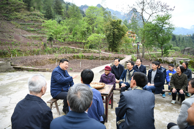 2019年4月15日至17日，中共中央總書記、國家主席、中央軍委主席習(xí)近平在重慶考察，并主持召開解決“兩不愁三保障”突出問題座談會(huì)。這是4月15日下午，習(xí)近平在石柱土家族自治縣中益鄉(xiāng)華溪村同村民代表、基層干部、扶貧干部、鄉(xiāng)村醫(yī)生等圍坐在一起，共話脫貧攻堅(jiān)。新華社記者 謝環(huán)馳 攝