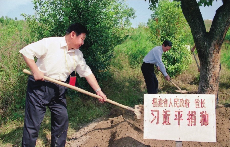 2001年10月，習(xí)近平在龍巖市長汀縣調(diào)研水土流失治理工作，在河田世紀(jì)生態(tài)園為樹培土。圖源：《習(xí)近平在福建（下）》