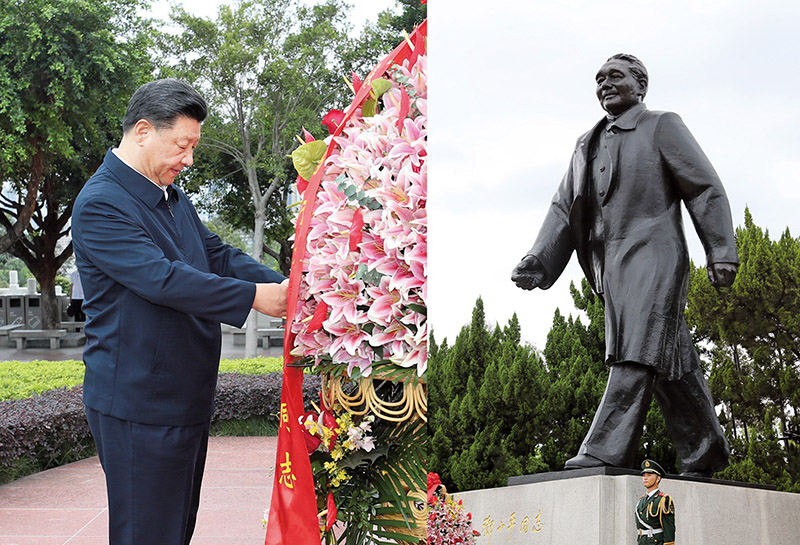 2020年10月14日，習(xí)近平總書記向深圳蓮花山公園鄧小平同志銅像敬獻(xiàn)花籃。